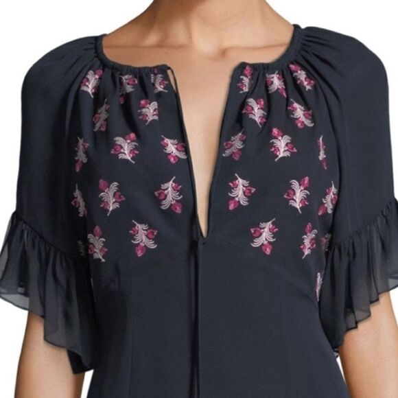 NWT Cinq A Sept Daria Split Neck Silk Blouse Navy Blue Small - Picture 3 of 12